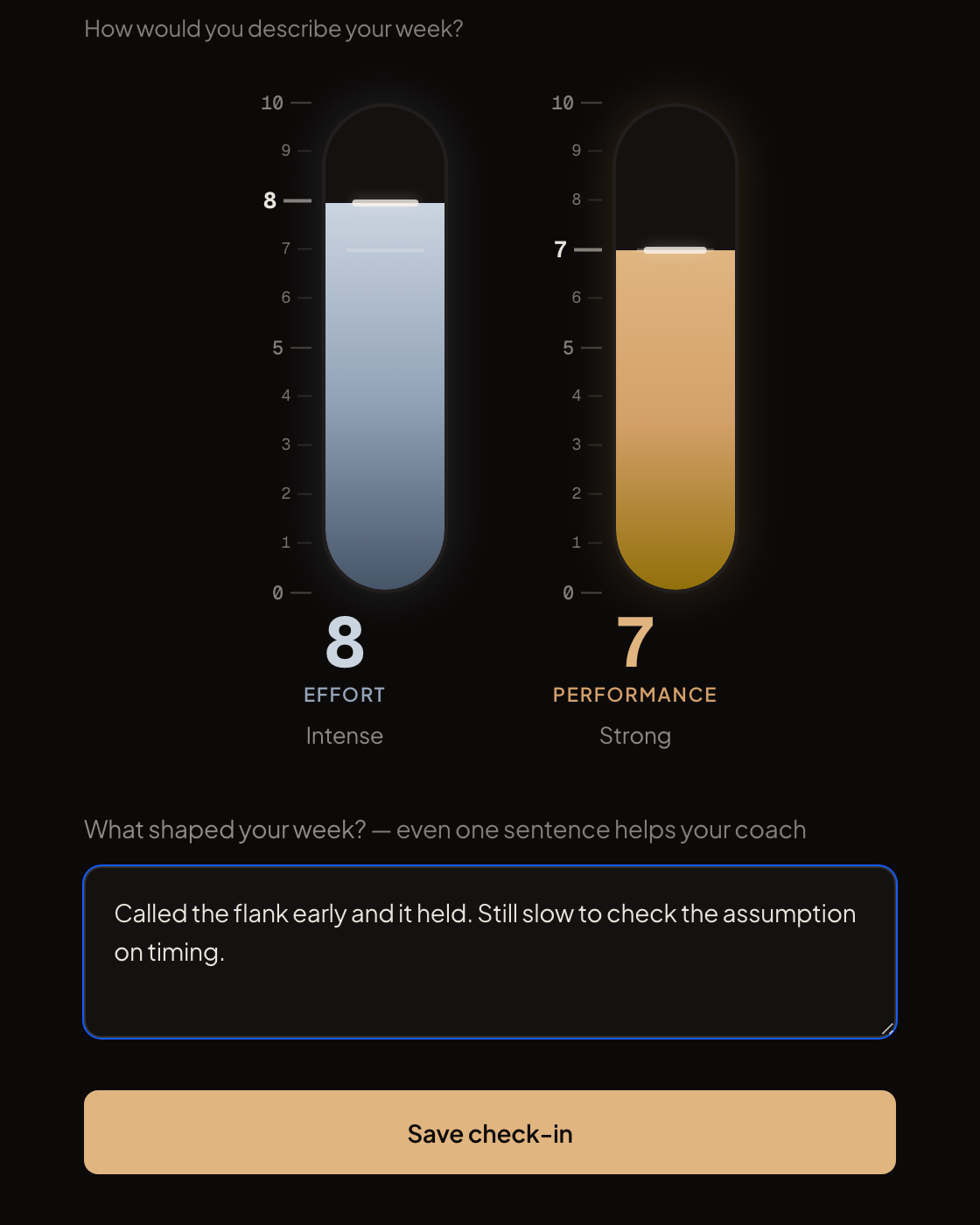 The Forbetra Today screen: Jordan's week-six check-in on the goal Enhance situational awareness, effort 8, performance 7, with a note